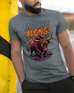 Mooove Along Funny Highland Cow Attitude Graphic T Shirt - model wearing grey tee, leaning on column