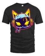 Neon Cyberpunk Gaming Cat Headphones Graphic T Shirt - black t-shirt on white background