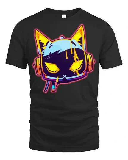 Neon Cyberpunk Gaming Cat Headphones Graphic T Shirt - black t-shirt on white background