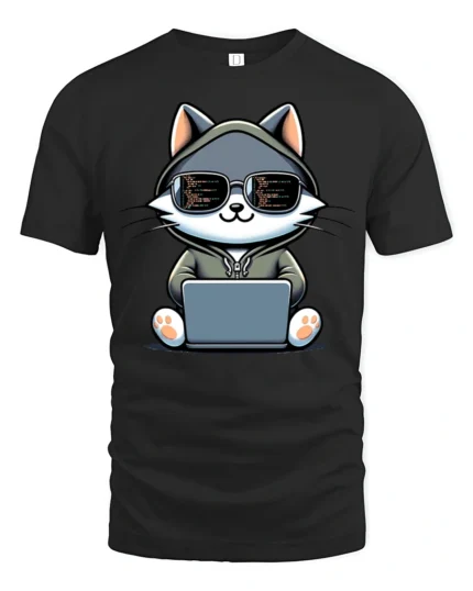 Funny Coding Cat With Laptop Programmer Graphic T Shirt - black t-shirt on white background