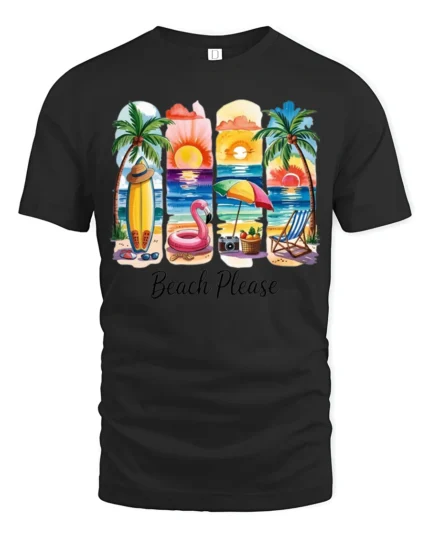 Beach Please Summer Vacation Sunset Graphic T Shirt - black t-shirt on white background