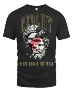 Reality Hides Behind The Mask Surreal Statue Graphic T Shirt - black t-shirt on white background