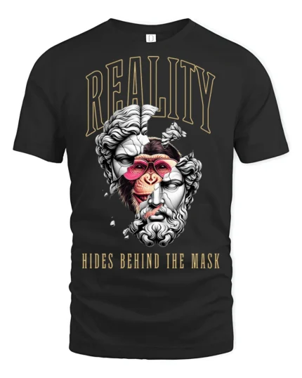 Reality Hides Behind The Mask Surreal Statue Graphic T Shirt - black t-shirt on white background