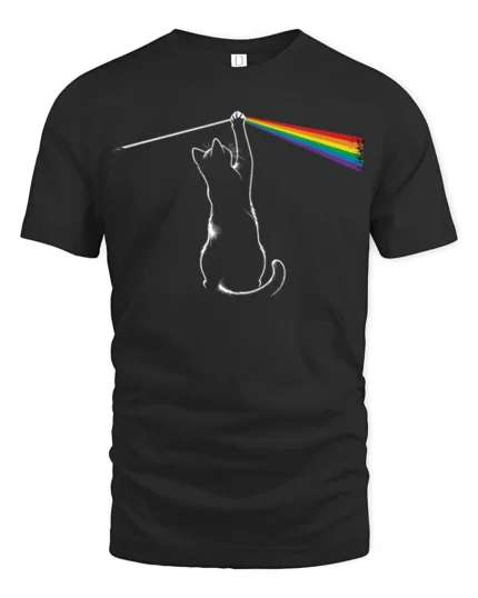 Funny Rainbow Laser Cat Graphic T Shirt Colorful Prism Cat Tee - black t-shirt on white background