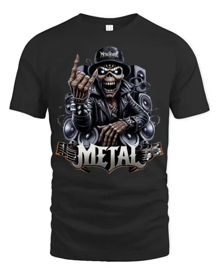 Heavy Metal Skeleton Rocker Graphic T Shirt Loud Guitar Tee - black t-shirt on white background