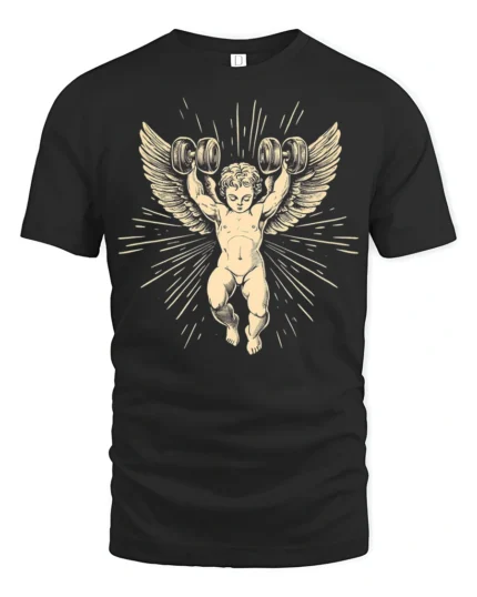 Vintage Angel Weightlifting Gym Strength Graphic T Shirt - black t-shirt on white background