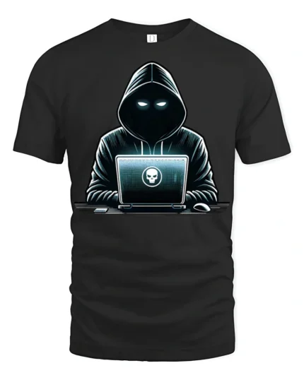Dark Hacker Hoodie Laptop Cyber Security Graphic T Shirt - black t-shirt on white background
