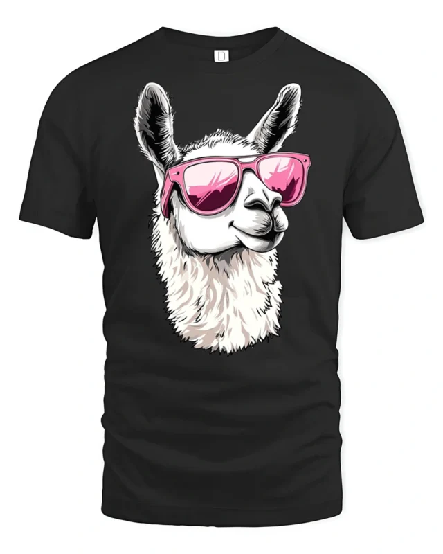 Cool Llama Wearing Pink Sunglasses Funny Animal Graphic T Shirt - black t-shirt on white background