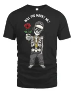 Funny Skeleton Will You Marry Me Rose Proposal Graphic T Shirt - black t-shirt on white background