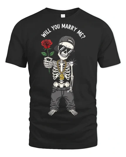Funny Skeleton Will You Marry Me Rose Proposal Graphic T Shirt - black t-shirt on white background
