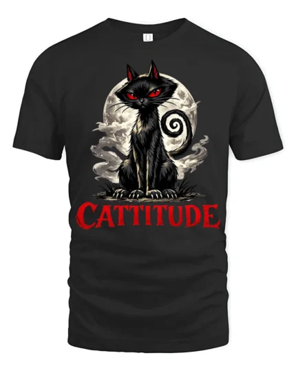 Cattitude Black Cat Red Eyes Gothic Funny Graphic T Shirt - black t-shirt on white background