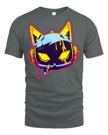 Neon Cyberpunk Gaming Cat Headphones Graphic T Shirt - gray t-shirt on white background