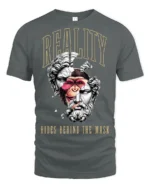 Reality Hides Behind The Mask Surreal Statue Graphic T Shirt - gray t-shirt on white background