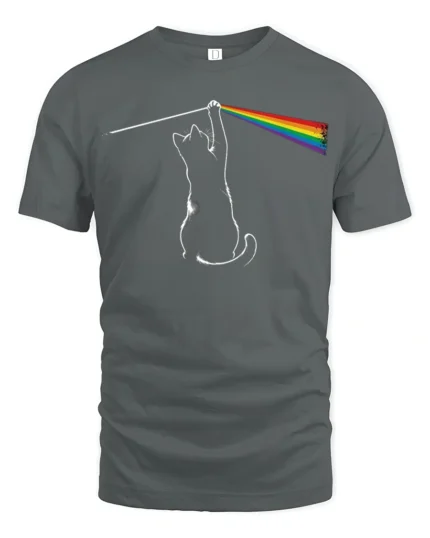 Funny Rainbow Laser Cat Graphic T Shirt Colorful Prism Cat Tee - gray t-shirt on white background
