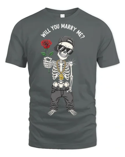 Funny Skeleton Will You Marry Me Rose Proposal Graphic T Shirt - gray t-shirt on white background