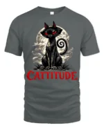 Cattitude Black Cat Red Eyes Gothic Funny Graphic T Shirt - gray t-shirt on white background