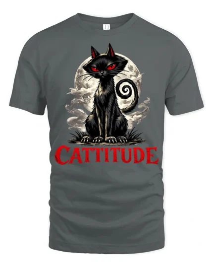 Cattitude Black Cat Red Eyes Gothic Funny Graphic T Shirt - gray t-shirt on white background