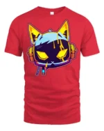 Neon Cyberpunk Gaming Cat Headphones Graphic T Shirt - red t-shirt on white background