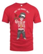 Funny Skeleton Will You Marry Me Rose Proposal Graphic T Shirt - red t-shirt on white background