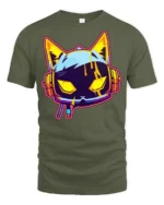 Neon Cyberpunk Gaming Cat Headphones Graphic T Shirt - military green t-shirt on white background