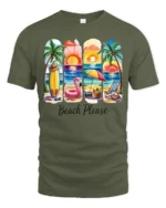 Beach Please Summer Vacation Sunset Graphic T Shirt - military green t-shirt on white background