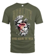 Reality Hides Behind The Mask Surreal Statue Graphic T Shirt - military green t-shirt on white background