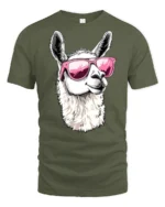 Cool Llama Wearing Pink Sunglasses Funny Animal Graphic T Shirt - military green t-shirt on white background