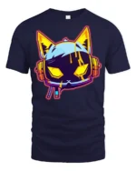 Neon Cyberpunk Gaming Cat Headphones Graphic T Shirt - navy t-shirt on white background