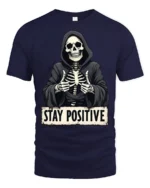 Funny Stay Positive Skeleton Thumbs Up Graphic T Shirt - navy t-shirt on white background