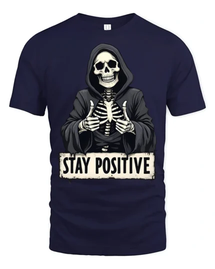 Funny Stay Positive Skeleton Thumbs Up Graphic T Shirt - navy t-shirt on white background