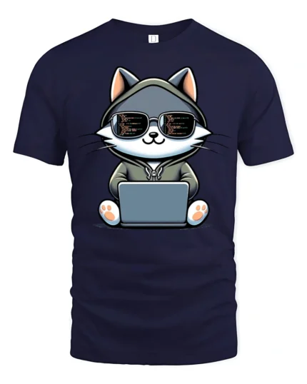 Funny Coding Cat With Laptop Programmer Graphic T Shirt - navy t-shirt on white background