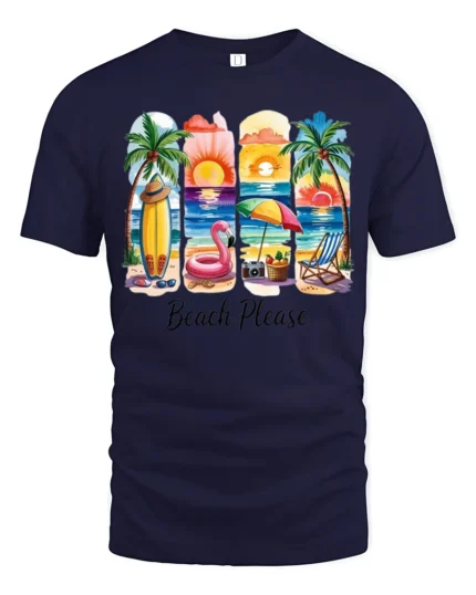Beach Please Summer Vacation Sunset Graphic T Shirt - navy t-shirt on white background