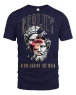 Reality Hides Behind The Mask Surreal Statue Graphic T Shirt - navy t-shirt on white background