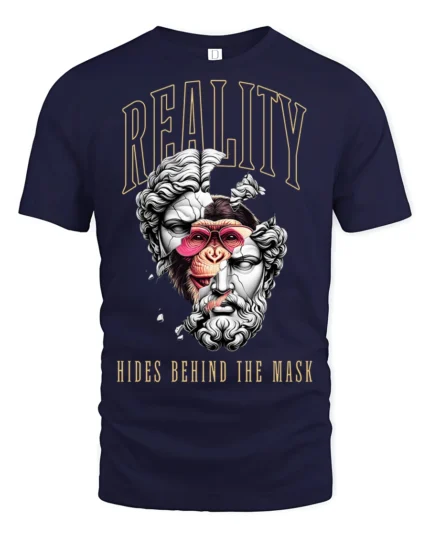 Reality Hides Behind The Mask Surreal Statue Graphic T Shirt - navy t-shirt on white background