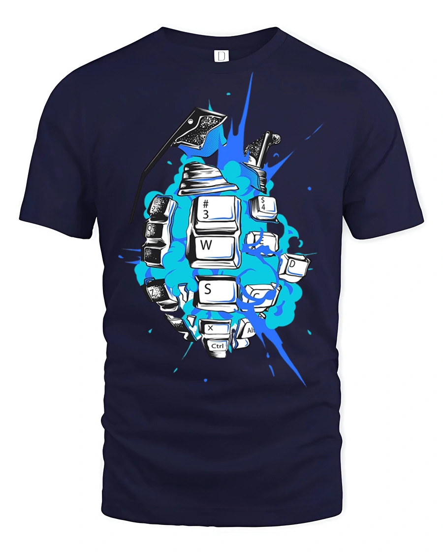Gamer Keyboard Grenade Graphic T Shirt Explosive Gaming Tee - 1 Gamer Keyboard Grenade Graphic T Shirt Explosive Gaming Tee - navy t-shirt on white background