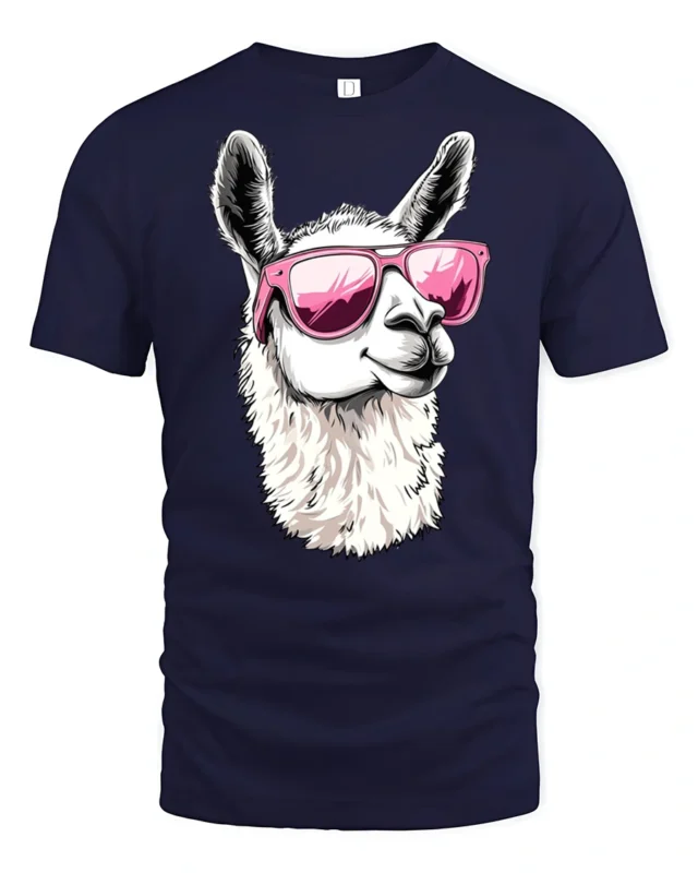 Cool Llama Wearing Pink Sunglasses Funny Animal Graphic T Shirt - navy t-shirt on white background