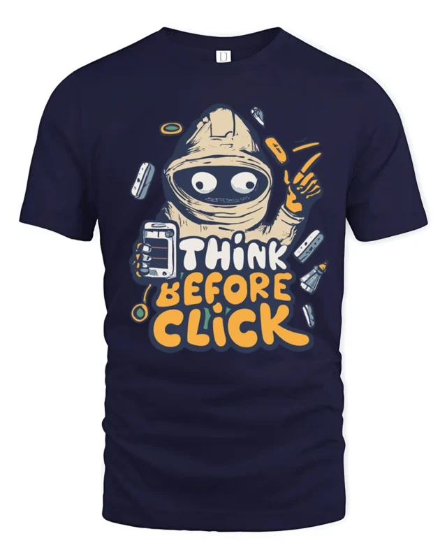 Think Before Click Funny Astronaut Internet Safety Graphic T Shirt - navy t-shirt on white background