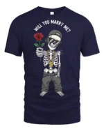 Funny Skeleton Will You Marry Me Rose Proposal Graphic T Shirt - navy t-shirt on white background