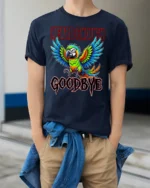 Heard Enough Goodbye Angry Parrot Funny Graphic T Shirt - model wearing navy tee with hands in pockets
