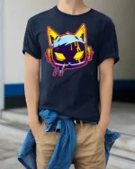 Neon Cyberpunk Gaming Cat Headphones Graphic T Shirt - model wearing navy tee with hands in pockets