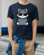 Funny Coding Cat With Laptop Programmer Graphic T Shirt - model wearing navy tee with hands in pockets