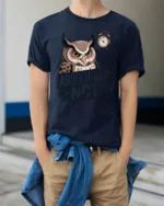 Funny Absolutely Not Owl Graphic T Shirt With Grumpy Owl - model wearing navy tee with hands in pockets