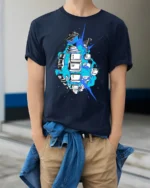 Gamer Keyboard Grenade Graphic T Shirt Explosive Gaming Tee - model wearing navy tee with hands in pockets