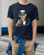 Funny Druncle Sam Patriotic Party Humor Graphic T Shirt - model wearing navy tee with hands in pockets