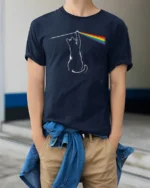 Funny Rainbow Laser Cat Graphic T Shirt Colorful Prism Cat Tee - model wearing navy tee with hands in pockets