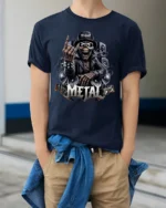 Heavy Metal Skeleton Rocker Graphic T Shirt Loud Guitar Tee - model wearing navy tee with hands in pockets