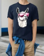 Cool Llama Wearing Pink Sunglasses Funny Animal Graphic T Shirt - model wearing navy tee with hands in pockets