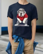 Funny Street Style Bulldog Wearing Cap Cool Dog Graphic T Shirt - model wearing navy tee with hands in pockets