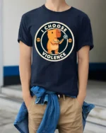 Funny I Choose Violence Cute Angry Capybara Graphic T Shirt - model wearing navy tee with hands in pockets