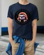 Not Fast Just Furious Funny Sloth Attitude Graphic T Shirt - model wearing navy tee with hands in pockets